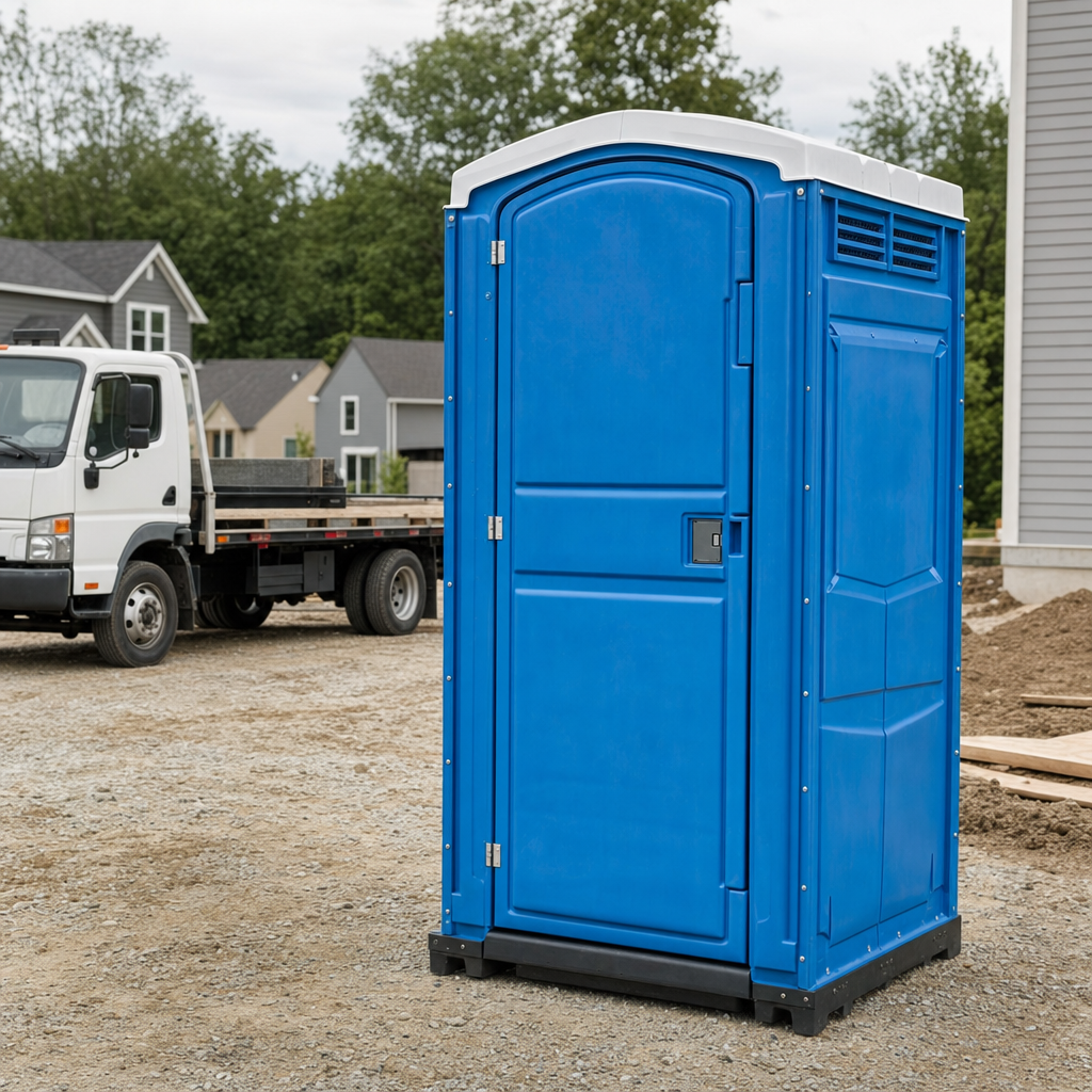 Delivery driver positioning a clean royal-blue portable toilet on level ground at a Wichita worksite