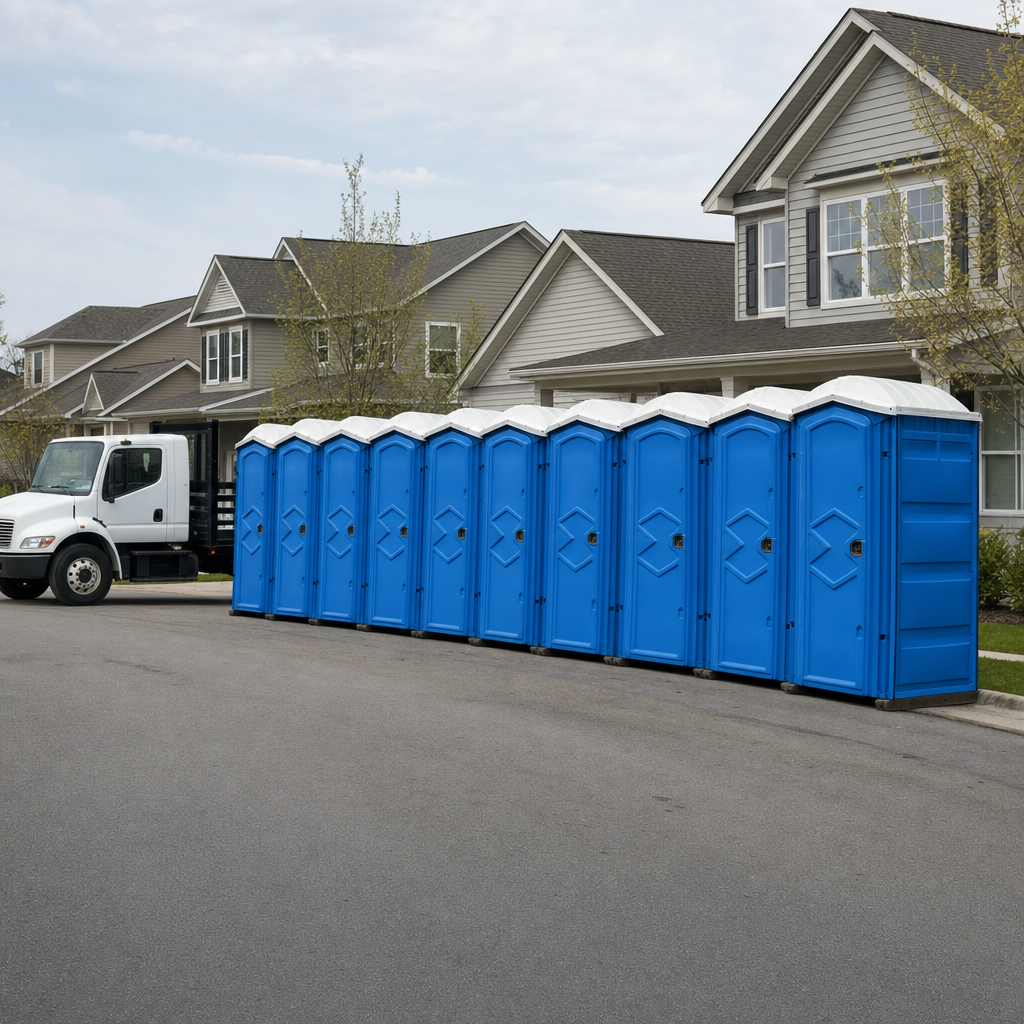 Royal blue portable toilets staged in a tidy row at a Wichita jobsite, ready for delivery